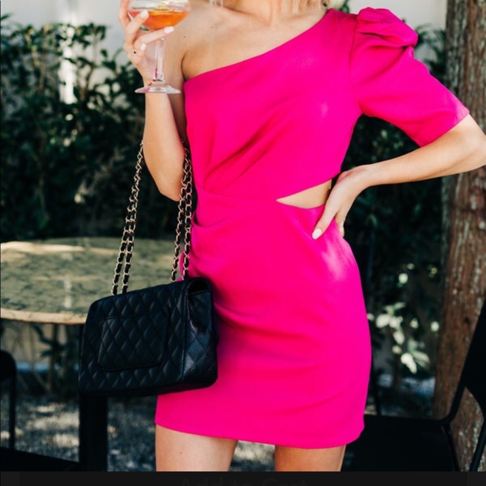 The cutest HOT PINK cutout puff sleeve dress!